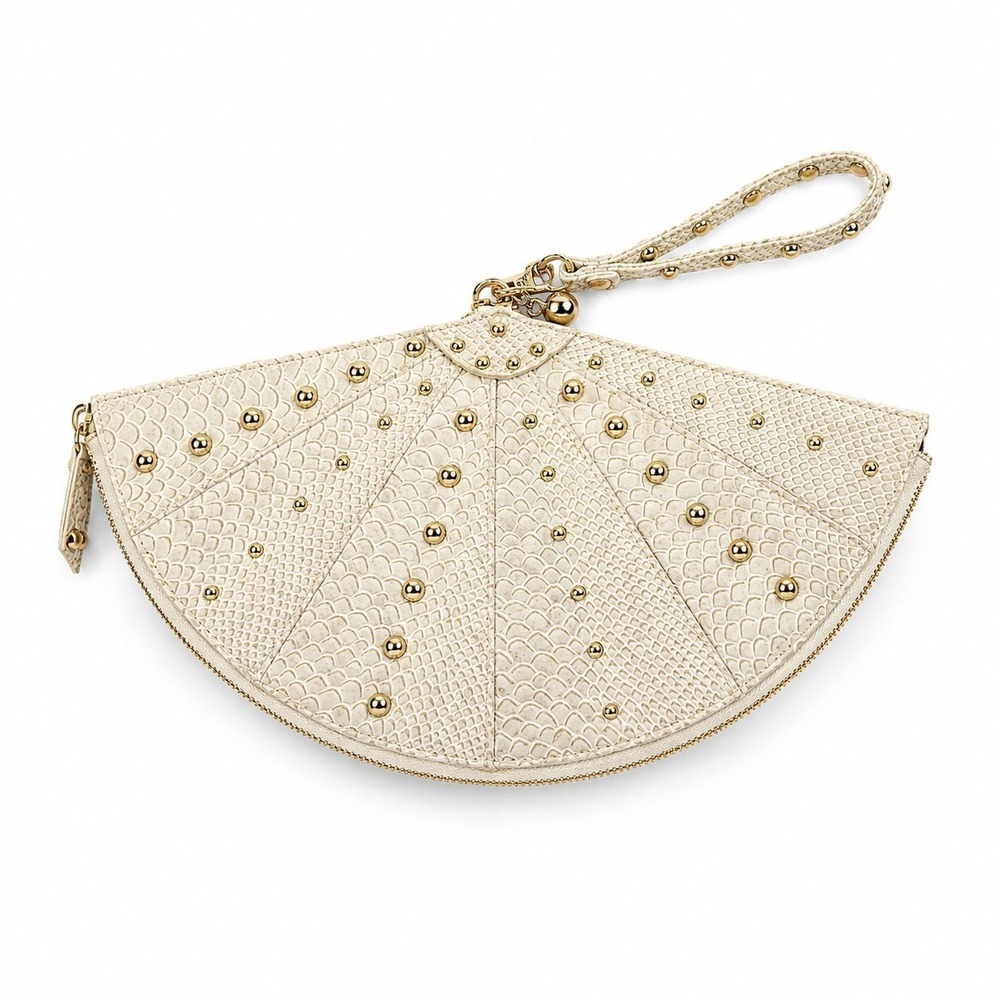 Nila Anthony Ivory Fan Clutch Wristlet Gold Studded Faux Snakeskin Evening Bag
